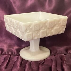 Milk Glass Pedestal Candy Dish American Brilliant Cut Ornate Hollywood Regency